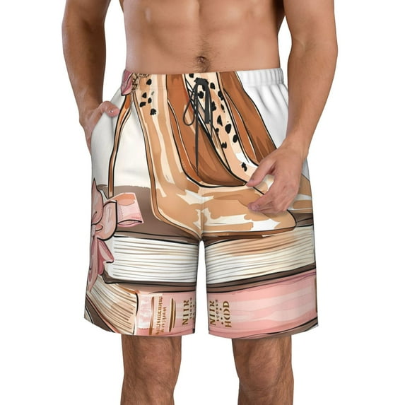 Kdxio Stylish High Heels On Books Pattern Mens Casual Shorts - Drawstring Summer Beach Sports Shorts for Men