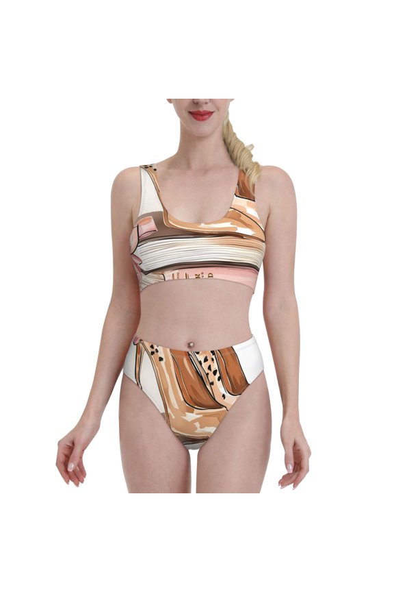 Stylish High Heels On Books for Womens High Waisted Bikini Top Sports Style Two Piece Bathing Suits