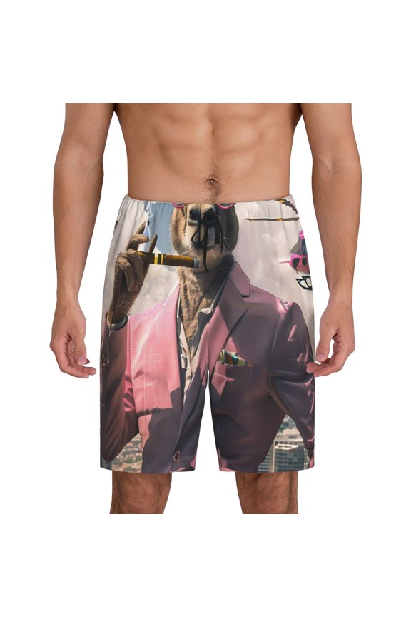 Stylish Kangaroo In Suit Print Mens Sleep Shorts Bottoms Soft Comfy Pajama Wear Pants with Drawstring Pockets