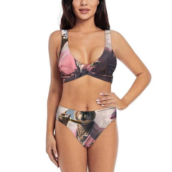 Kdxio Stylish Kangaroo In Suit Print Women's 2 Piece High Waisted Wrap Spaghetti Strap Summer Swimsuit Bikini Set-Small