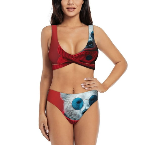 Kdxio Stylish Polar Bear Sunglasses Print Women's 2 Piece High Waisted Wrap Spaghetti Strap Summer Swimsuit Bikini Set-XX-Large