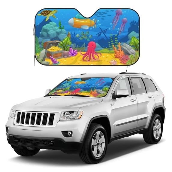 Kdxio Submarine And Landscape Print Windshield Sun Shade, Foldable Sun Blocker for Car,Truck,SUV Automotive Interior Sun Protection,Reflective Shade for Front Windshield(Medium)