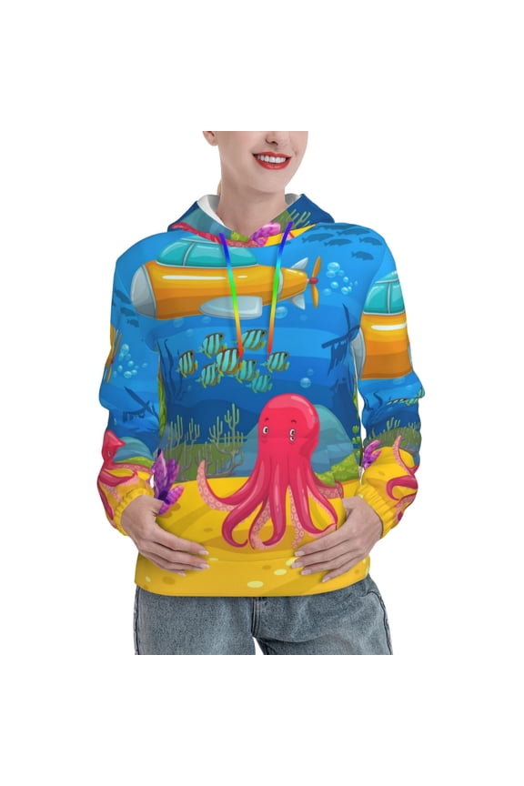 Submarine And Landscape Print Womens Oversized Hoodies Sweatshirts Hooded Pullover Tops Sweaters Casual-Large