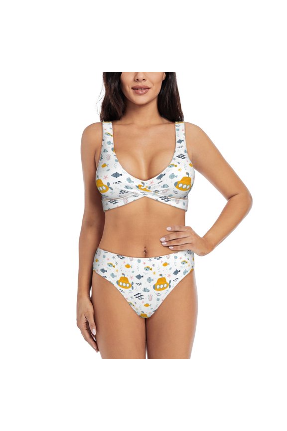 Submarine Ship Print Women's 2 Piece High Waisted Wrap Spaghetti Strap Summer Swimsuit Bikini Set-Large