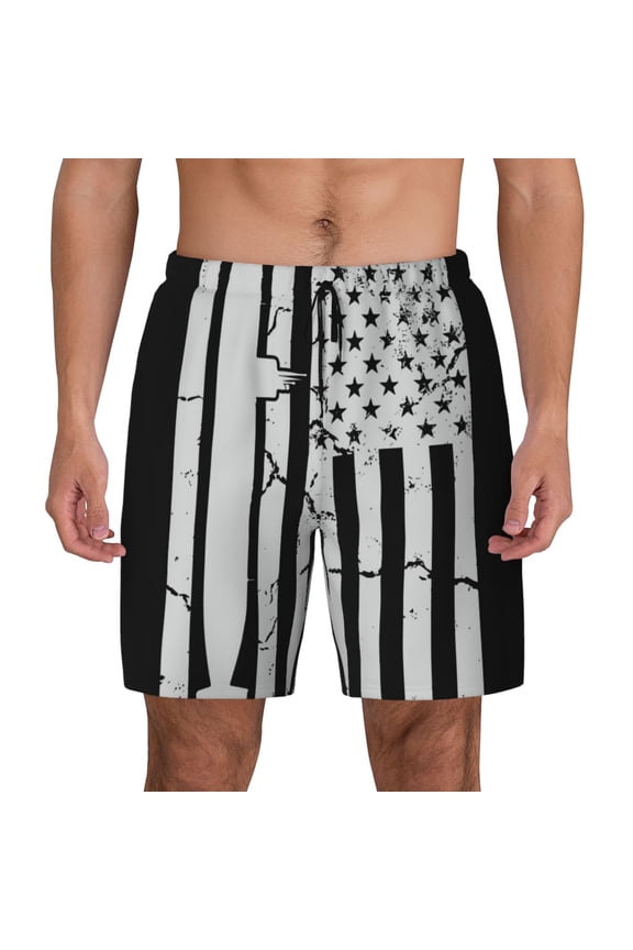 Submarine Vintage Flag Print Men's Swim Trunks with Compression Liner 7 Inch Inseam Quick Dry Swim Shorts