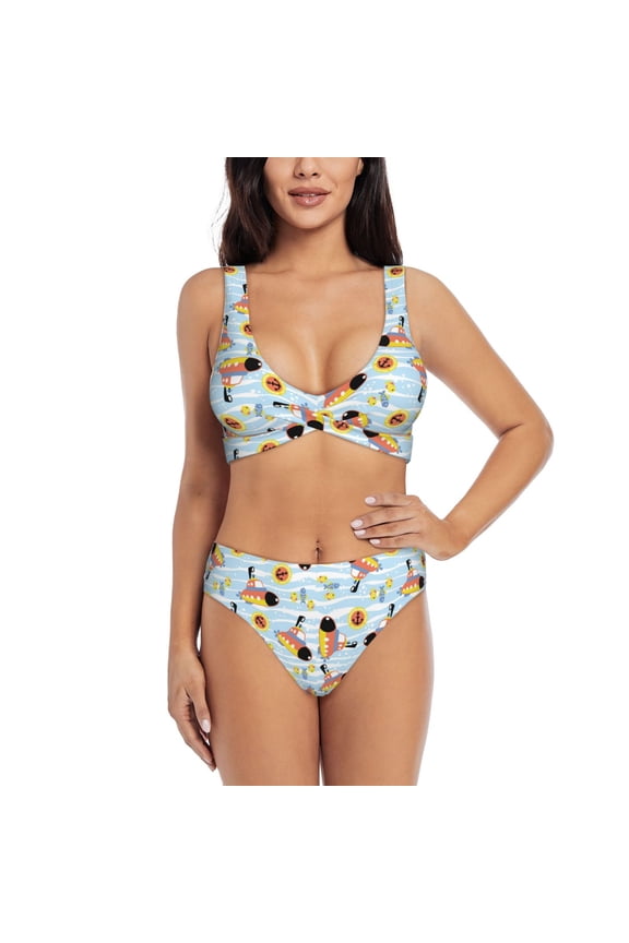Submarine With Fishes Undersea Print Women's 2 Piece High Waisted Wrap Spaghetti Strap Summer Swimsuit Bikini Set-XX-Large
