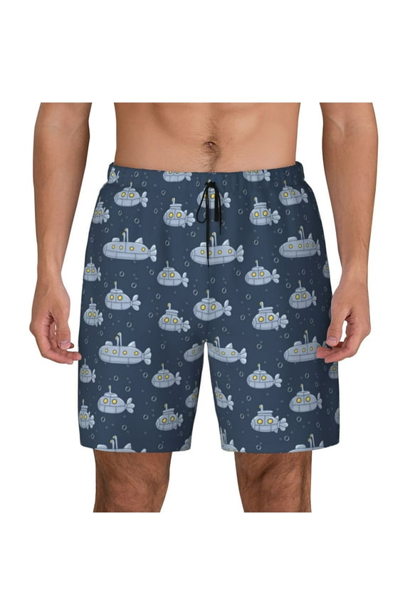 Submarine With Periscope Print Men's Swim Trunks with Compression Liner 7 Inch Inseam Quick Dry Swim Shorts