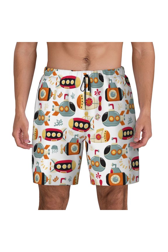 Submarines Print Men's Swim Trunks with Compression Liner 7 Inch Inseam Quick Dry Swim Shorts