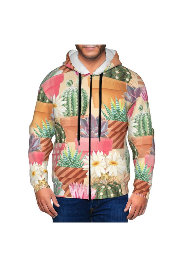 Succulent And Cactus Print Men Hoodies Casual Hoodies for Men with Zip Pockets Full Zip Long Sleeve Sweatshirt Sports Hooded Jacket-Small
