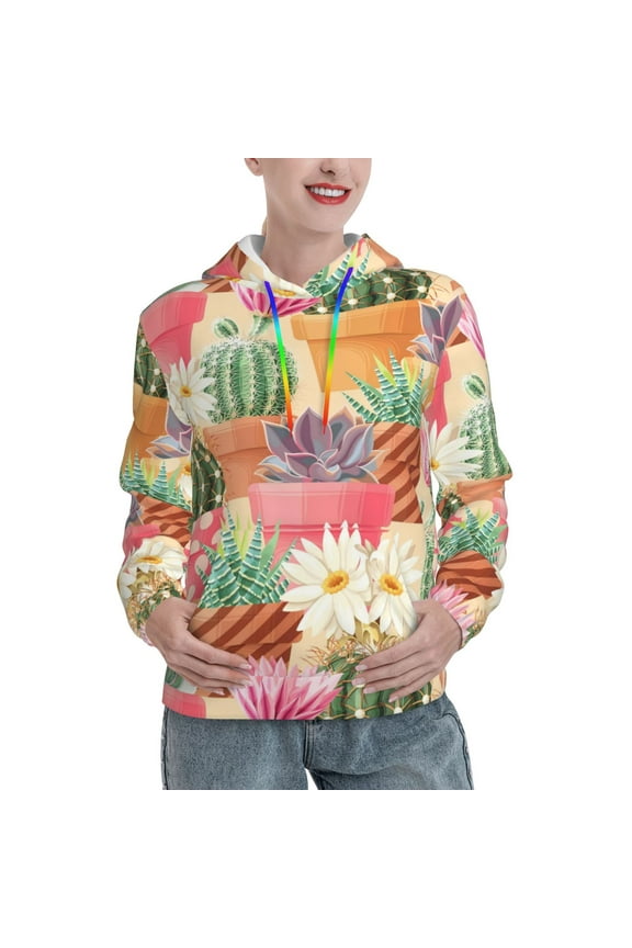 Succulent And Cactus Print Womens Oversized Hoodies Sweatshirts Hooded Pullover Tops Sweaters Casual-X-Large