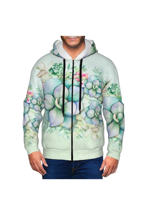 Succulent Print Men Hoodies Casual Hoodies for Men with Zip Pockets Full Zip Long Sleeve Sweatshirt Sports Hooded Jacket-Small