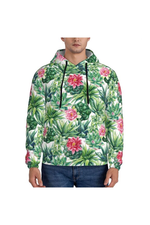 Succulents 1 Print Mens Casual Hooded Collar Drawstring Hoodies Pullover Sweatshirts Casual Long Sleeve Shirts-Large