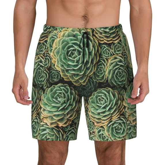 Kdxio Succulents Print Men'S Swim Trunks With Compression Liner 7 Inch Inseam Quick Dry Swim Shorts