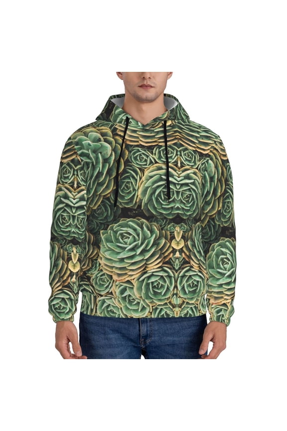 Succulents Print Mens Casual Hooded Collar Drawstring Hoodies Pullover Sweatshirts Casual Long Sleeve Shirts-3X-Large