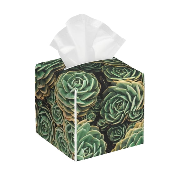 Kdxio Succulents Print Tissue Box Cover,Square Decorative PU Leather Facial Paper Case Organizer Holder Dispenser for Bathroom,Night Stands,Desk,Car 5.2''X5.2''X5.2''