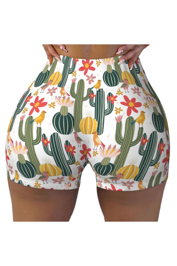 Summer Cactus With Blooming Print Workout Shorts for Women Seamless Soft Smooth Gym Yoga Scrunch Active Shorts