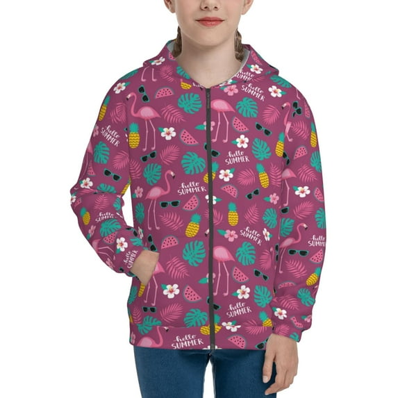 Kdxio Summer Flamingo Pattern Kids Boys Girls Zip Up Hoodie 3D Printed Hooded Sweatshirt Hoody Coat with Pocket 7-12 Y-Small