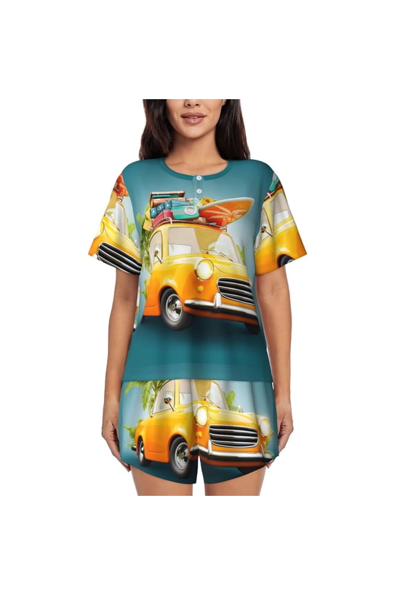 Summer Funny Retro Car Print Pajamas Sets for Women Short-Sleeved Pjs with Lounge Shorts Two Piece Sleepwear S-4XL