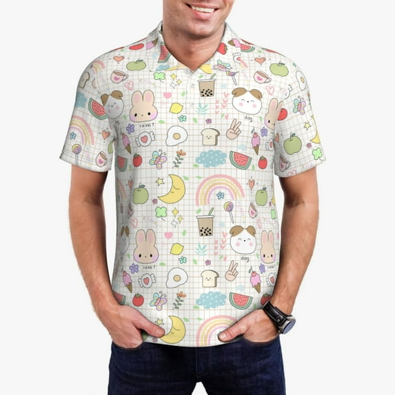 Kdxio Summer Rabbit Print Men's Short Sleeve Polo Shirt,Midweight Men's Shirt