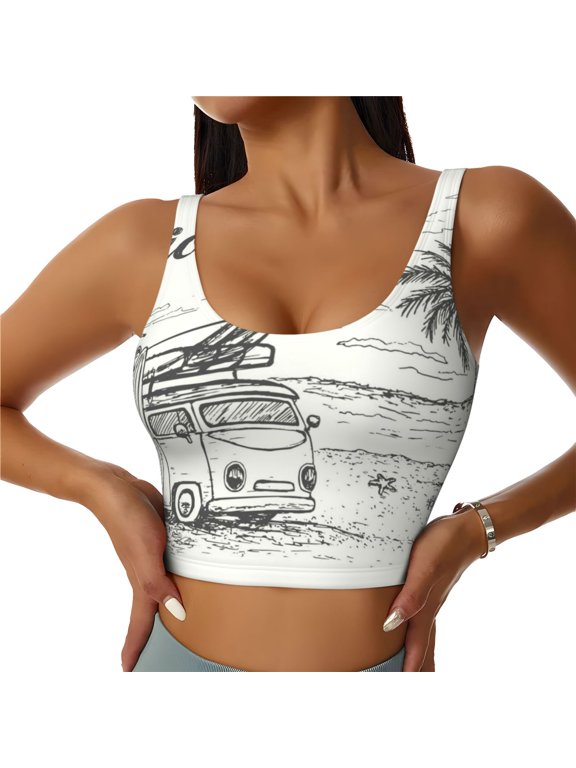 Summer Vacation Scene With Camping Van Print Workout Crop Tank Top for Women Racerback Yoga Tank Tops Athletic Sports Shirts Exercise Undershirts