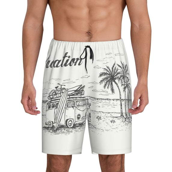 Kdxio Summer Vacation Scene Print Mens Sleep Shorts Bottoms Soft Comfy Pajama Wear Pants with Drawstring Pockets