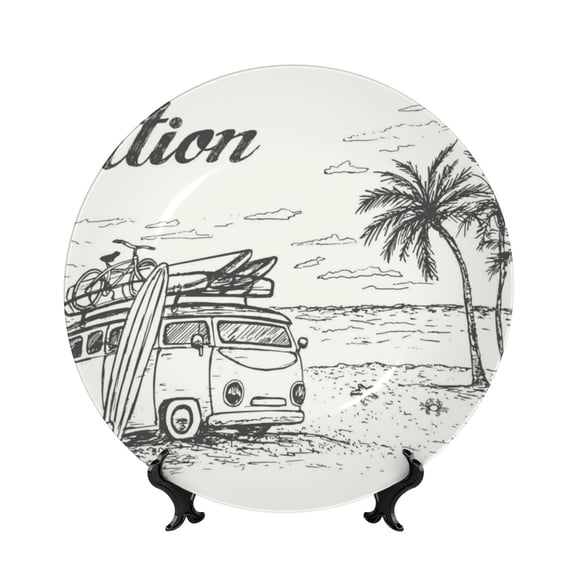 Kdxio Summer Vacation Scene With Camping Van Bone China Decorative Plate Ceramic Decorative Plate for Home Office Wall Stand Decorative Plates for Home Bedroom-6in