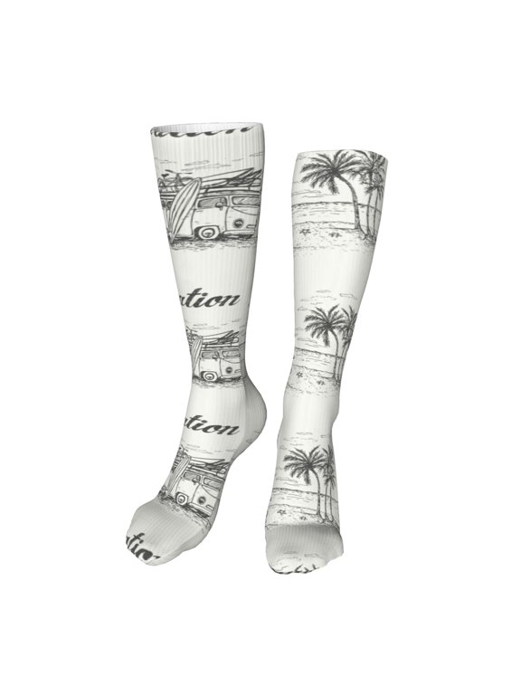 Summer Vacation Scene With Camping Van Funny Silky Novelty Funky Long Knee High Socks Soft 3D Print Cosplay Crazy Stockings for Men Women