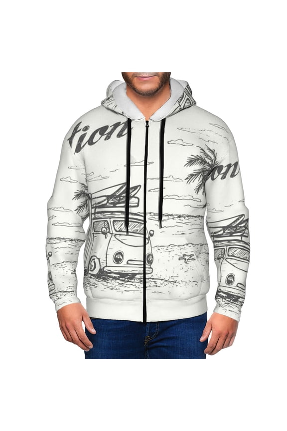 Summer Vacation Scene With Camping Van Print Men Hoodies Casual Hoodies for Men with Zip Pockets Full Zip Long Sleeve Sweatshirt Sports Hooded Jacket-Large