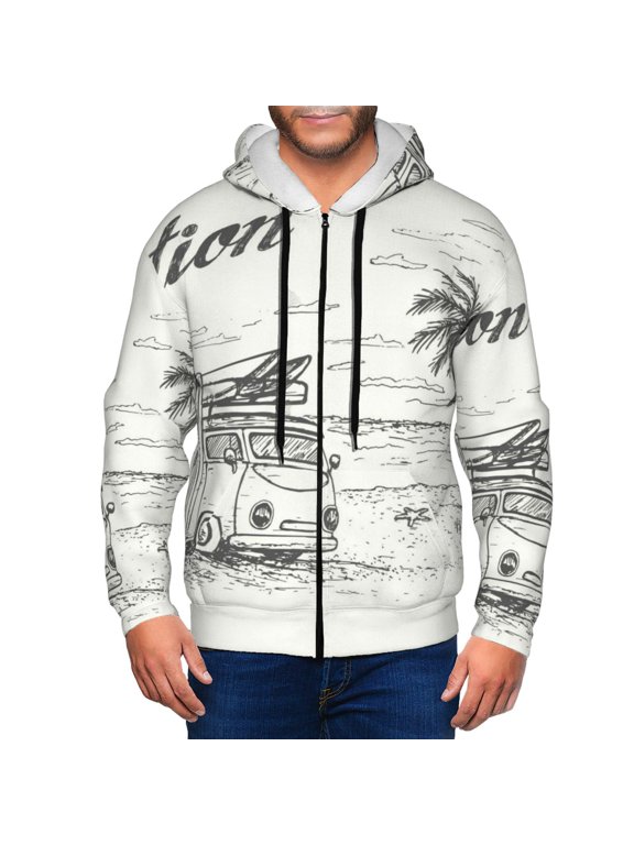Summer Vacation Scene With Camping Van Print Men Hoodies Casual Hoodies for Men with Zip Pockets Full Zip Long Sleeve Sweatshirt Sports Hooded Jacket-X-Large