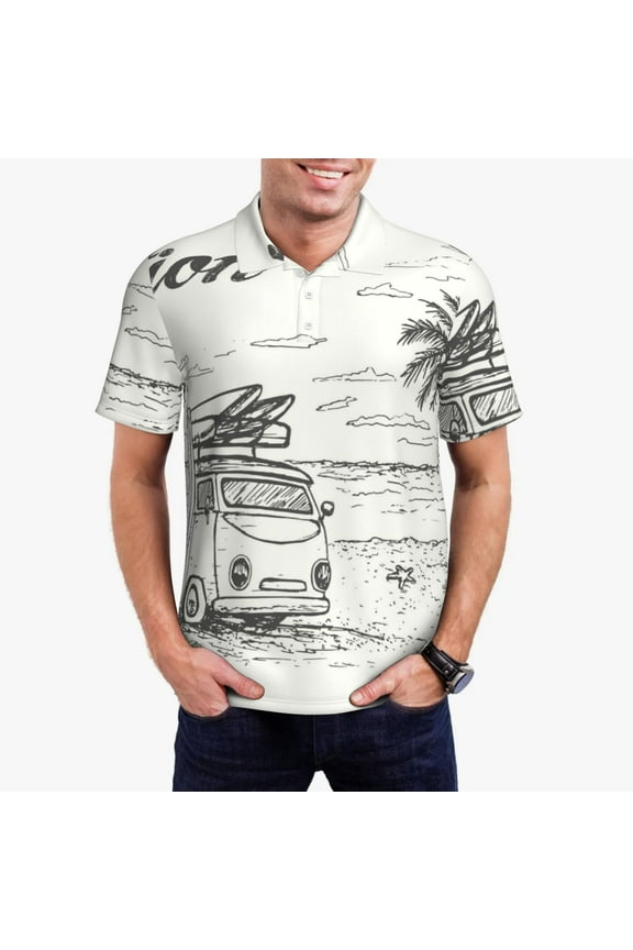 Summer Vacation Scene With Camping Van Print Men's Short Sleeve Polo Shirt,Midweight Men's Shirt