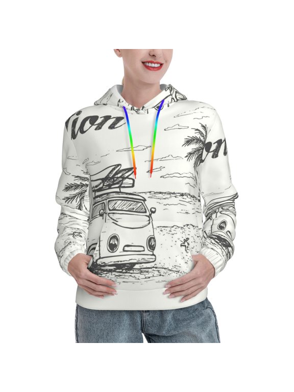 Summer Vacation Scene With Camping Van Print Womens Oversized Hoodies Sweatshirts Hooded Pullover Tops Sweaters Casual-Large