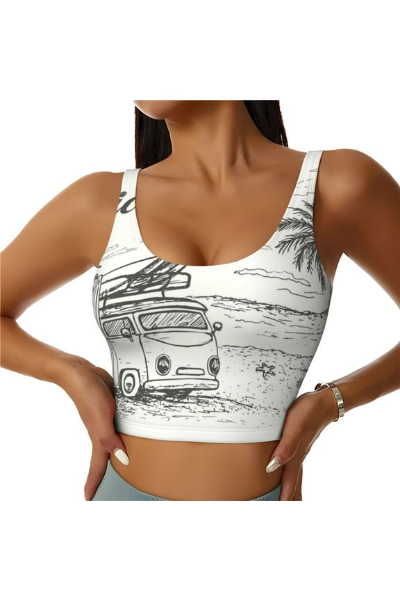 Summer Vacation Scene With Camping Van Print Workout Crop Tank Top for Women Racerback Yoga Tank Tops Athletic Sports Shirts Exercise Undershirts