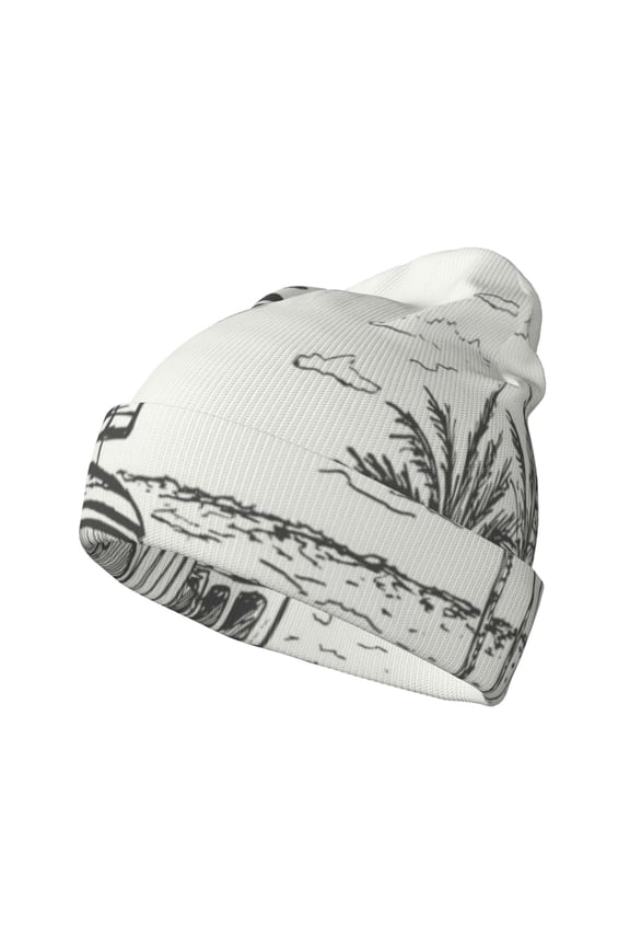 Summer Vacation Scene With Camping Van Winter Beanie for Men Women Beanie Knit Hat Cuffed Cap Beanie Knit Chunky Snow Cap