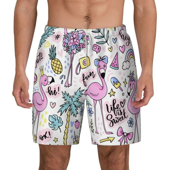 Kdxio Summer With Flamingo Print Men'S Swim Trunks With Compression Liner 7 Inch Inseam Quick Dry Swim Shorts