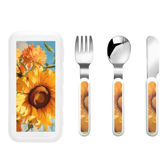 Kdxio Sunflower Blue Sky Toddler Utensils Set - Kids Silverware Set, Set Kids Utensils Set with Case for Preschooler Children