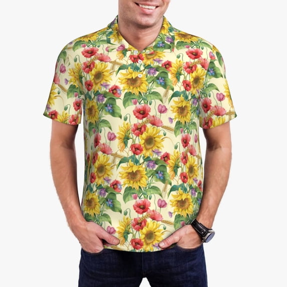 Kdxio Sunflower Cornflower Poppy Print Men's Short Sleeve Polo Shirt,Midweight Men's Shirt
