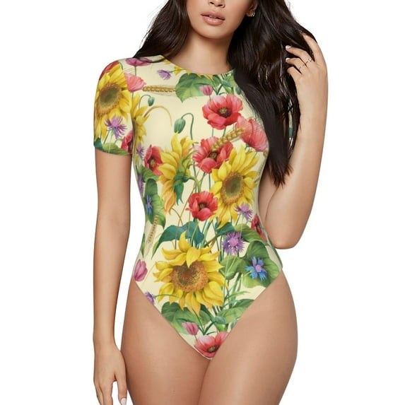 Kdxio Sunflower Cornflower Poppy for Women's Short-Sleeved Onesie Stylish Round Neck Pajamas Bodysuit Jumpsuit Nightwear-XX-Large