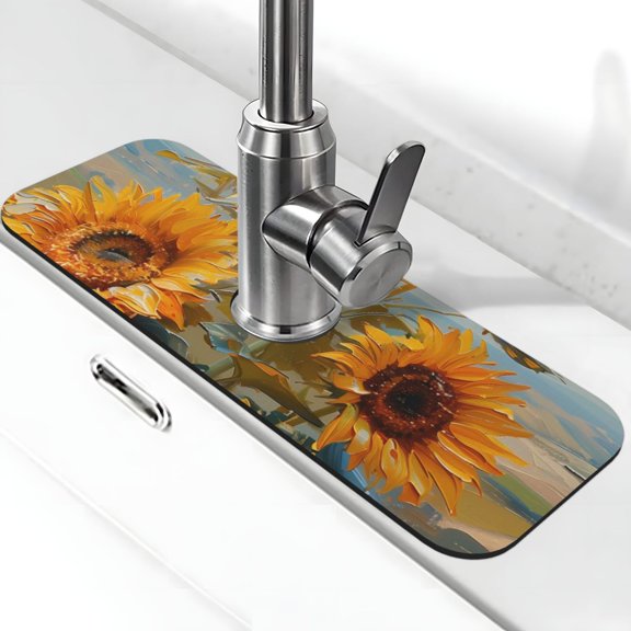 Kdxio Sunflower Field Art Pattern Non-Slip Diatom Mud Faucet Drain Pad,Self Absorbent Mat for Kitchen Sink for Variety Kitchen & Bathroom Countertops