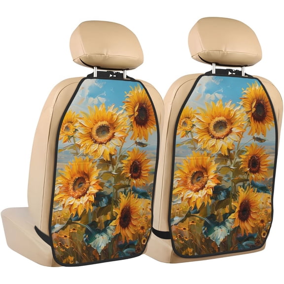Kdxio Sunflower Field Art Print 2 Pack Car Kick Mat Seat Cover Back Protector Mat with Pockets for Organizer Backseat Protector and Storage Anti Kick Pad for Vehicles