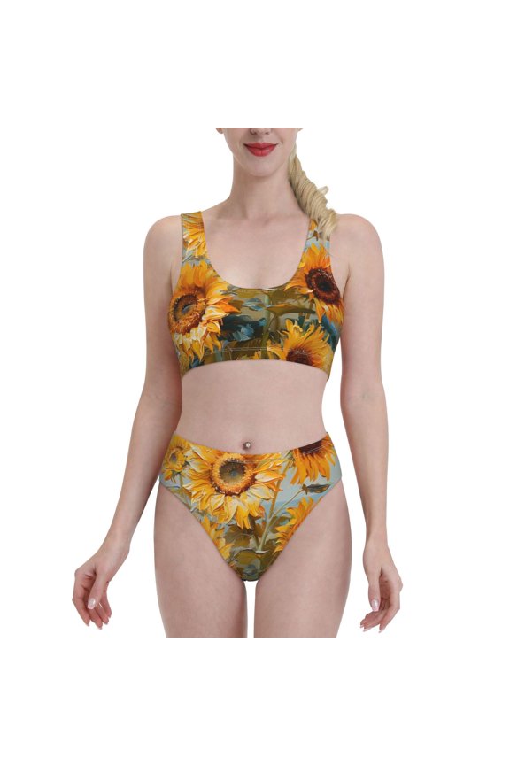 Sunflower Field Art for Womens High Waisted Bikini Top Sports Style Two Piece Bathing Suits