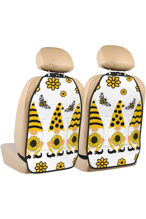 Sunflower Gnome Print 2 Pack Car Kick Mat Seat Cover Back Protector Mat with Pockets for Organizer Backseat Protector and Storage Anti Kick Pad for Vehicles