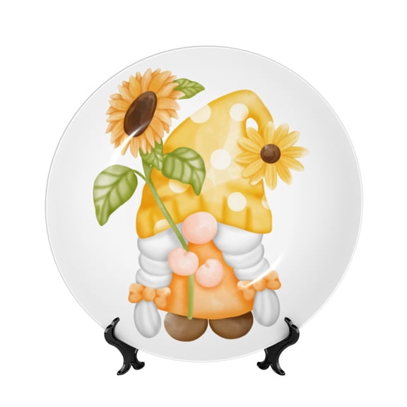 Kdxio Sunflower Gnomes 3 Bone China Decorative Plate Ceramic Decorative Plate for Home Office Wall Stand Decorative Plates for Home Bedroom-7in