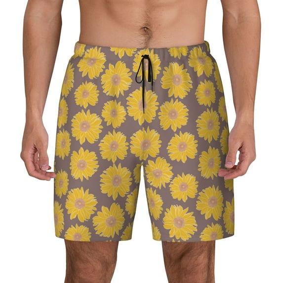 Kdxio Sunflower Print Men's Swim Trunks with Compression Liner 7 Inch Inseam Quick Dry Swim Shorts