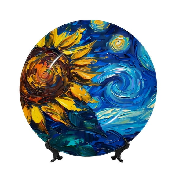 Kdxio Sunflower Starry Night Vibes Bone China Decorative Plate Ceramic Decorative Plate for Home Office Wall Stand Decorative Plates for Home Bedroom-10in