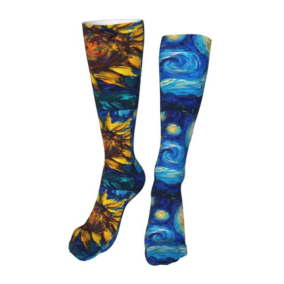 Kdxio Sunflower Starry Night Vibes Funny Silky Novelty Funky Long Knee High Socks Soft 3D Print Cosplay Crazy Stockings for Men Women