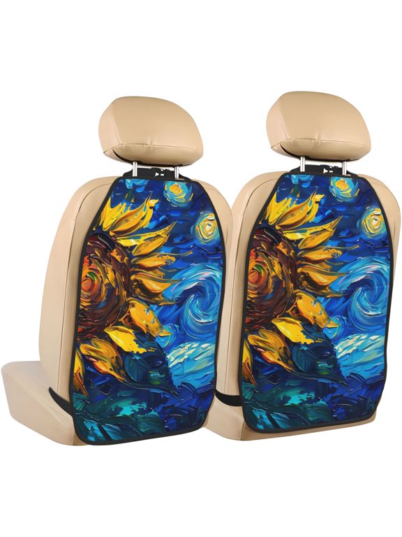 Sunflower Starry Night Vibes Print 2 Pack Car Kick Mat Seat Cover Back Protector Mat with Pockets for Organizer Backseat Protector and Storage Anti Kick Pad for Vehicles