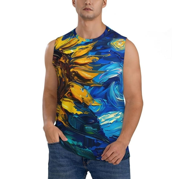 Kdxio Sunflower Starry Night Vibes for Men's Muscle T-shirt,Sleeveless for Workout Running Athletic Gym Lounge Casual