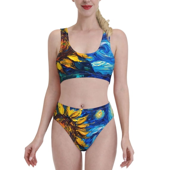 Kdxio Sunflower Starry Night Vibes for Womens High Waisted Bikini Top Sports Style Two Piece Bathing Suits