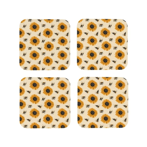 Kdxio Sunflowers And Bee Funny Coasters,4 Pcs Leather Coasters,Housewarming Gifts,Protect Furniture from Water Marks Scratch and Damage