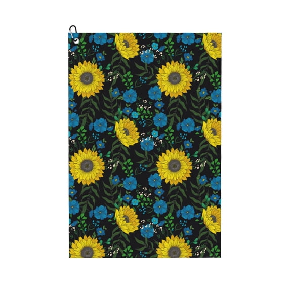Kdxio Sunflowers And Blue Flower Pattern Golf Towel (24" X 16") with Carabiner Clip - The Convenient Golf Cleaning Towel